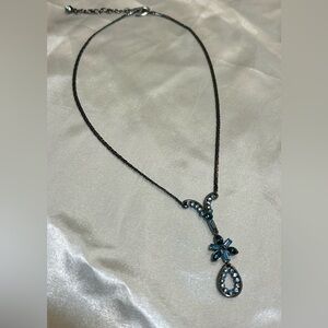 Givenchy Blue Rhinestone Teardrop Necklace in Gunmetal Signed Y2K Vibes